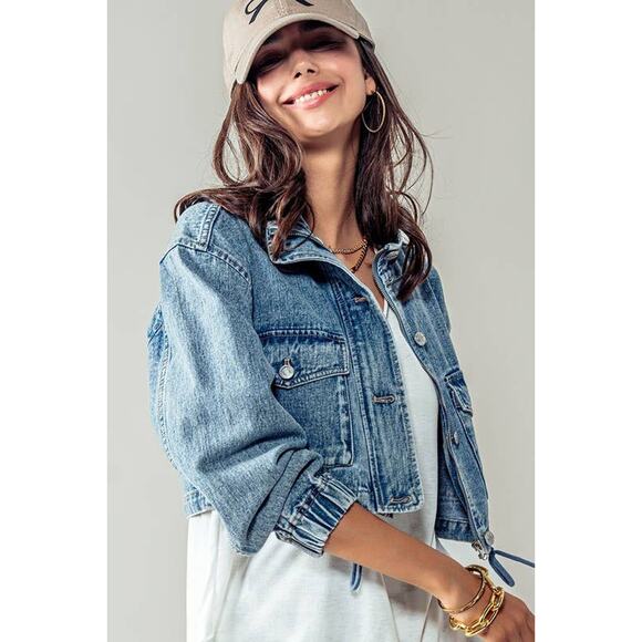 Urban Daizy Utility Cropped Drawstring Hem Stand Collar Denim Jacket - Picture 15 of 16